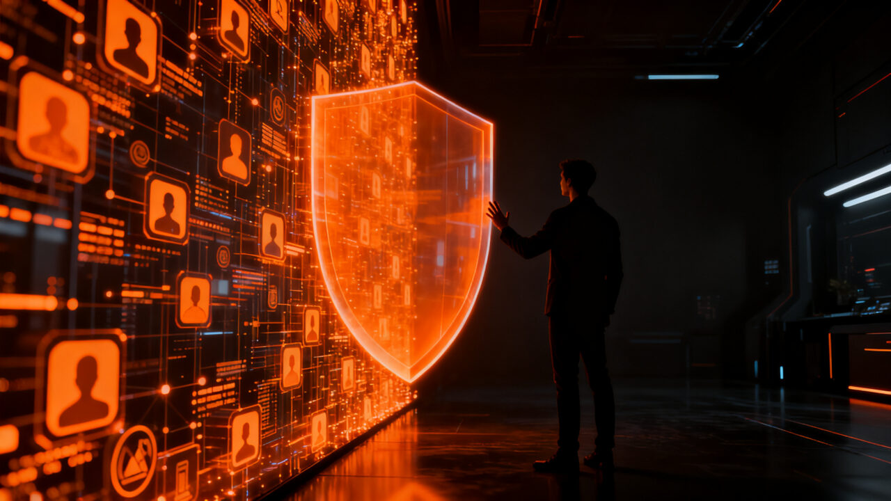 Representación visual de la privacidad digital y el uso de datos personales en ChatGPT, con una figura humana protegiéndose de una red de información segmentada.