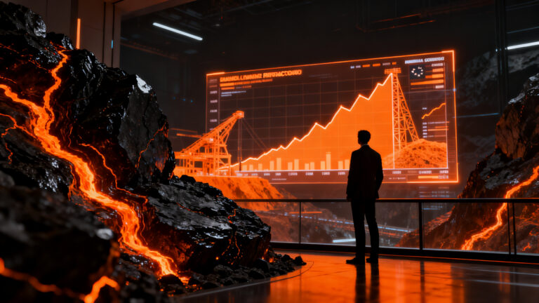 Analista financiero observando gráficos de mercado de cobre y litio, representando la política fiscal y el presupuesto de Chile.