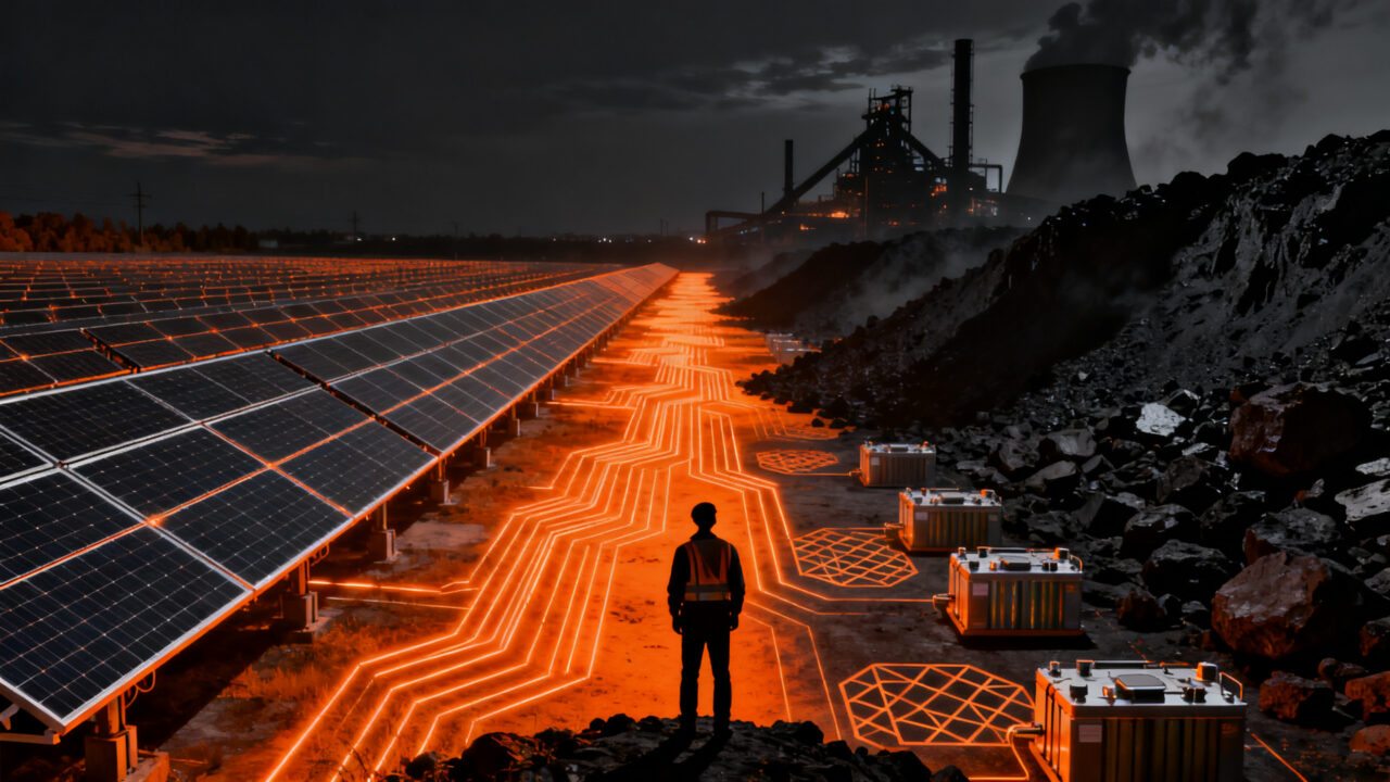 Transición energética en China: la dualidad entre paneles solares y plantas de carbón representando la paradoja energética.