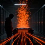 Agentes de inteligencia artificial ejecutando un ciberataque masivo contra servidores corporativos, representando vulnerabilidades en seguridad informática.