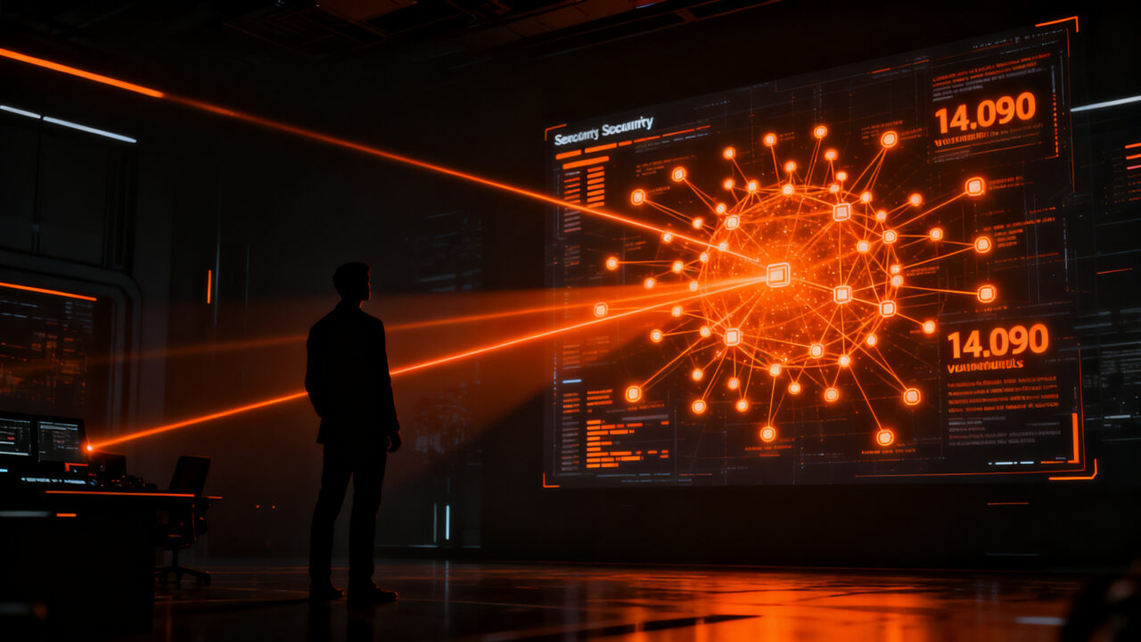 Experto en ciberseguridad analizando vulnerabilidades digitales con inteligencia artificial en un entorno de alta seguridad corporativa.