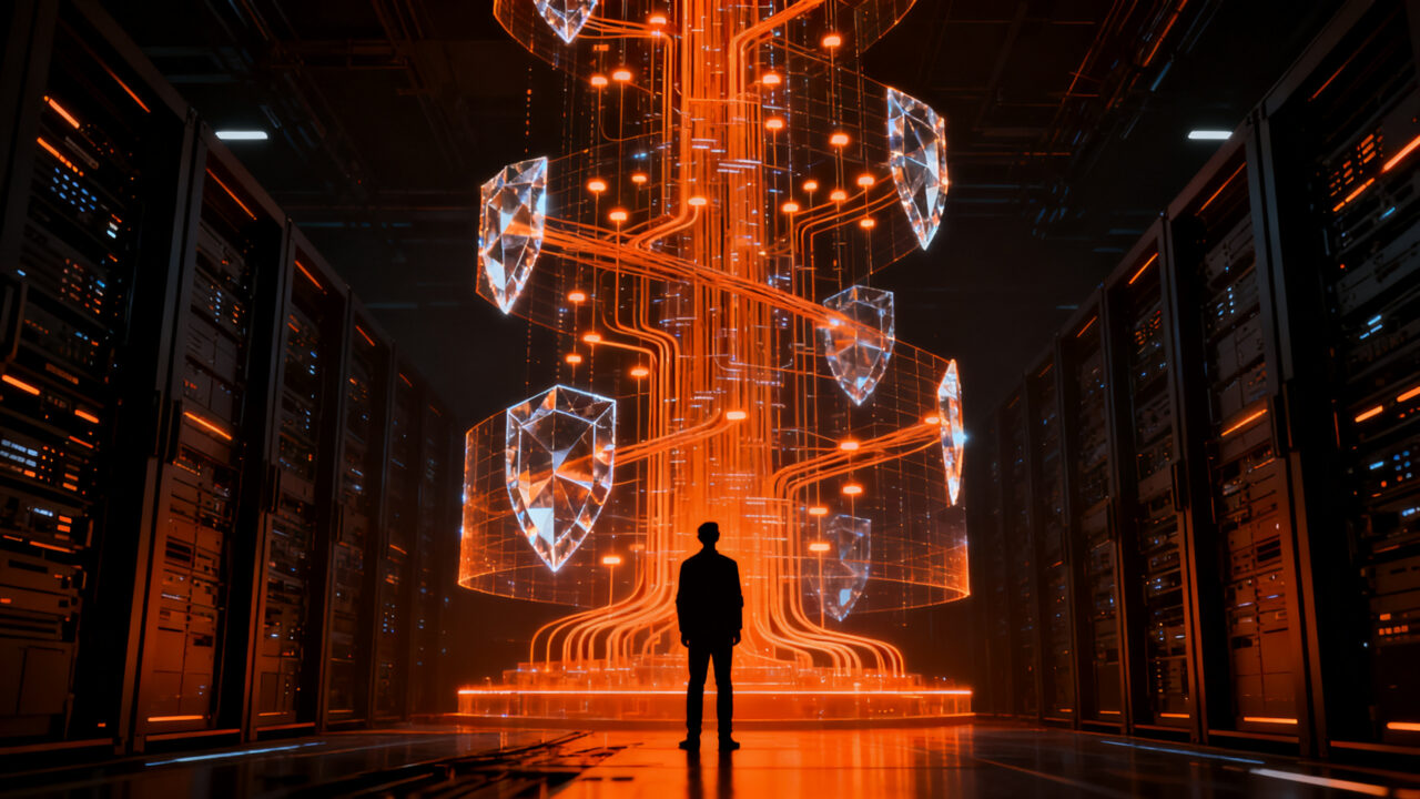 Representación visual de agentes de IA y seguridad de identidad en runtime para empresas, siguiendo el modelo Zero Trust de Cisco Duo.
