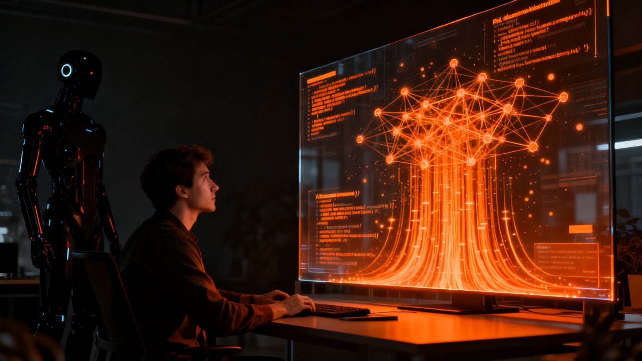 Desarrollador revisando código generado por inteligencia artificial en una interfaz futurista de automatización.