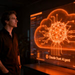 Un fundador supervisando un agente de IA proactivo Claude Duet en un entorno digital de alta tecnología, representando la automatización y productividad para startups.