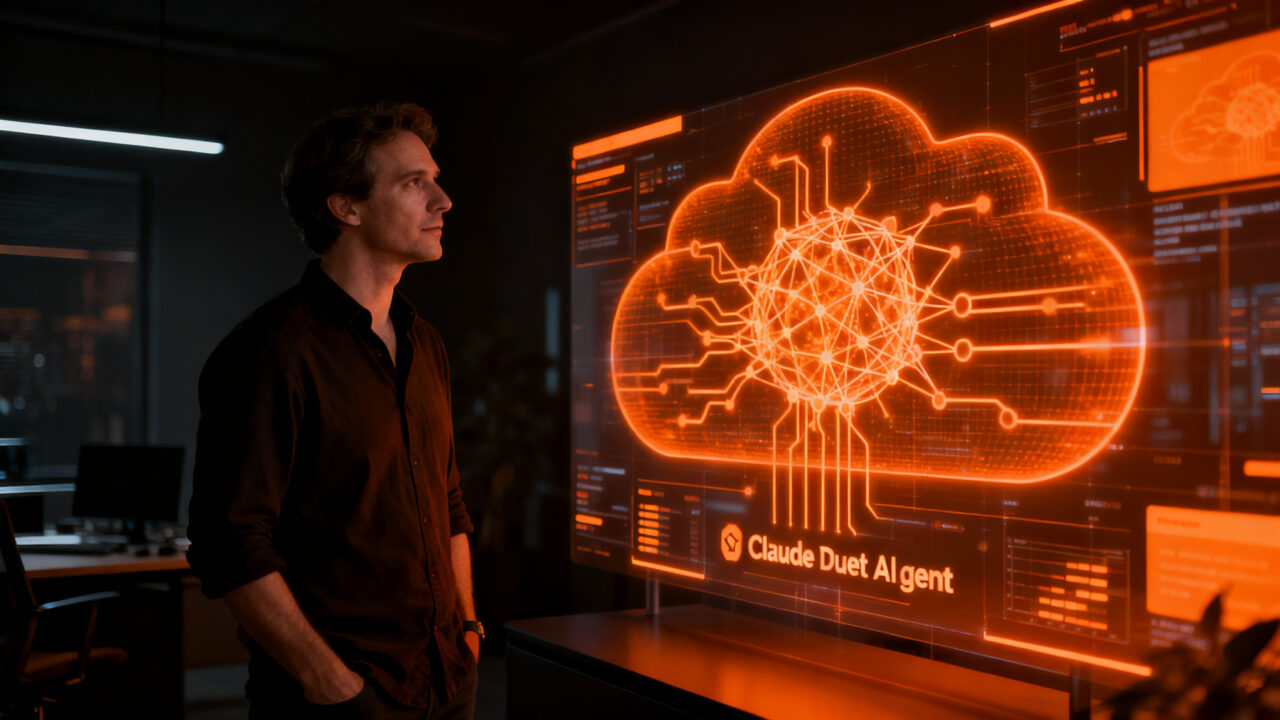 Un fundador supervisando un agente de IA proactivo Claude Duet en un entorno digital de alta tecnología, representando la automatización y productividad para startups.