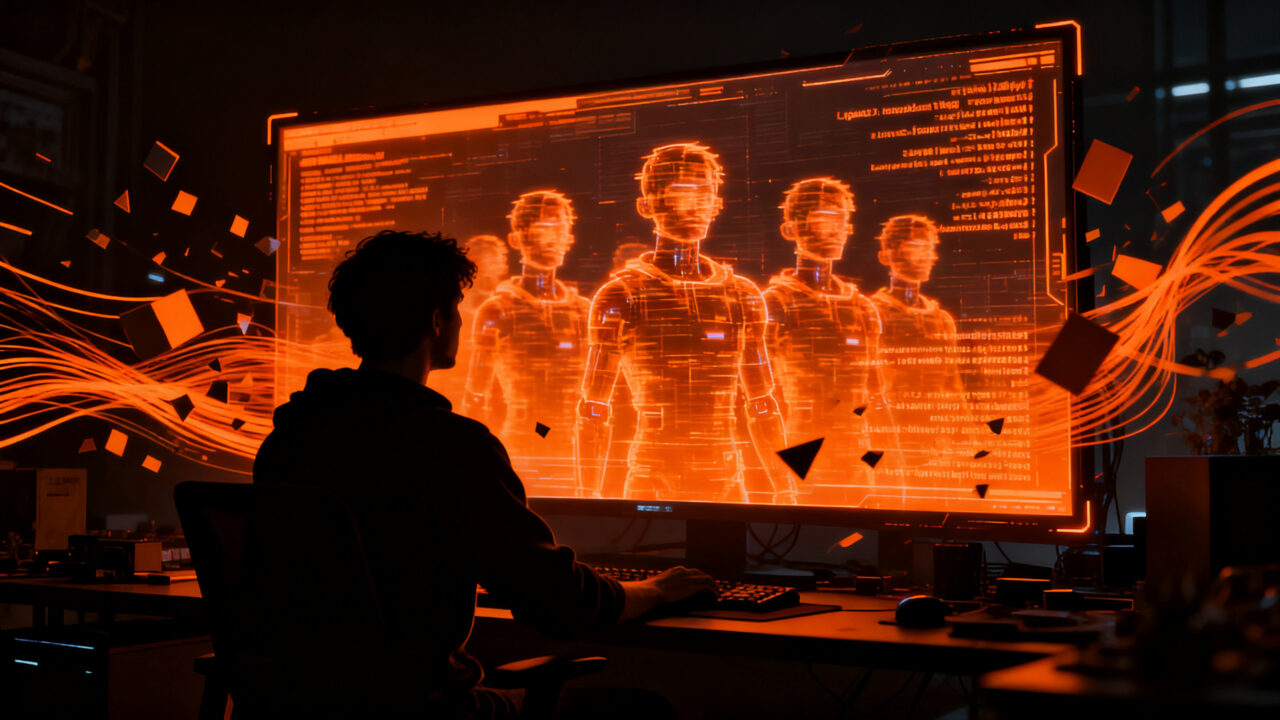 Un desarrollador indie observa una pantalla digital con sombras de clones, representando los riesgos de la IA en la protección de propiedad intelectual y el desarrollo de videojuegos.