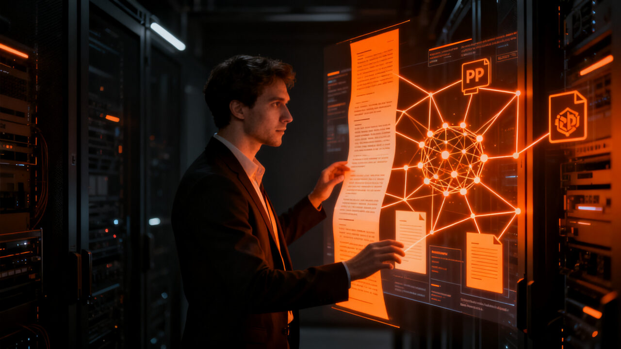 Arquitecto de software analizando una red de datos multimodales y documentos OCR, representando la integración de Cloudflare AI Search en infraestructuras RAG.