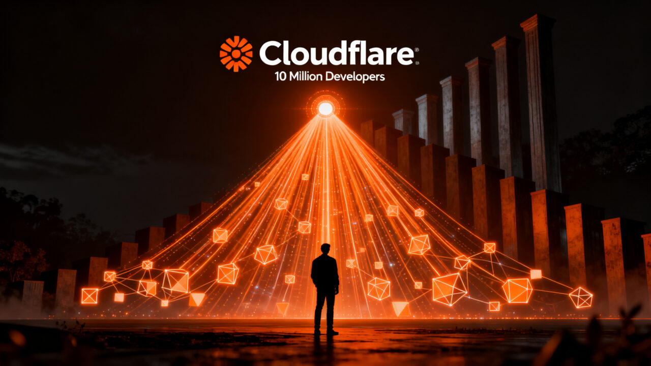 Desarrollador interactuando con una red neuronal de agentes de IA en la infraestructura cloud de Cloudflare, simbolizando crecimiento masivo.