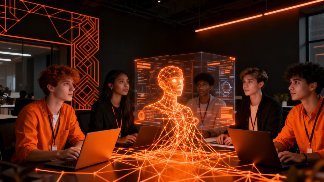 Joven talento tech colaborando en un entorno de trabajo futurista, representando la estrategia de contratación masiva de pasantes y la fuerza laboral nativa de IA en startups.