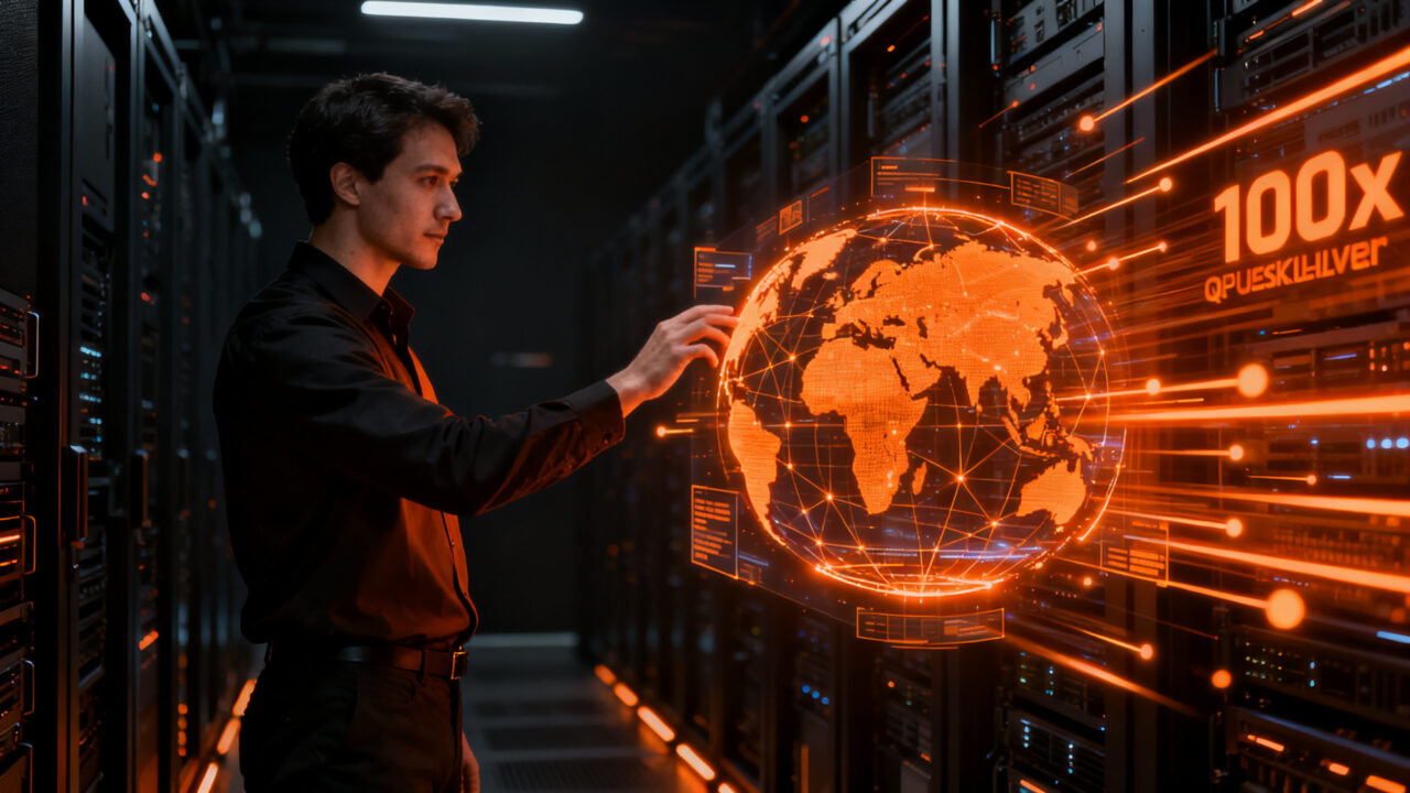 Arquitecto de software interactuando con una red de datos global de baja latencia representando la velocidad de Cloudflare KV Instant.