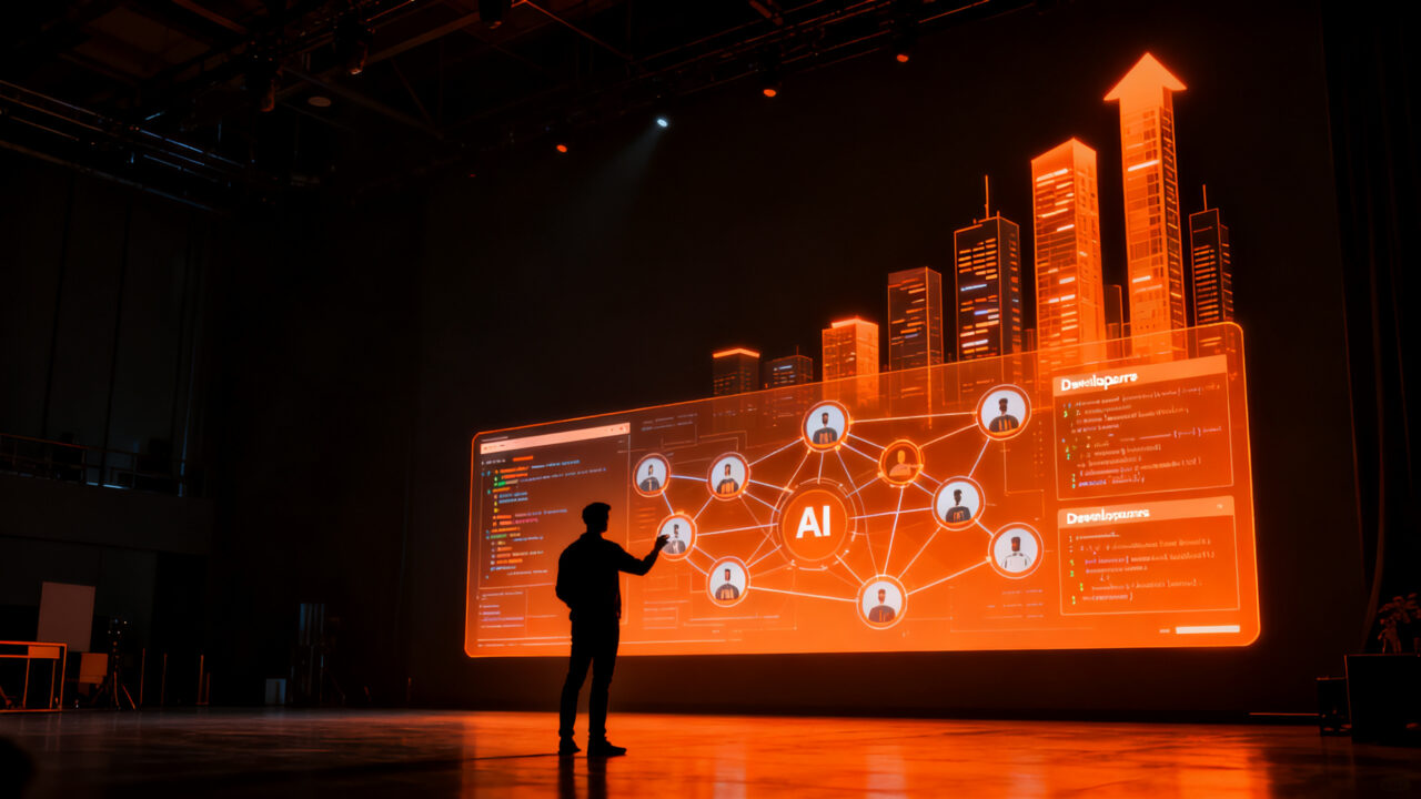 Desarrollador trabajando en una plataforma de agentes de IA, concepto de concurso de Cloudflare y desarrollo de software futuro.
