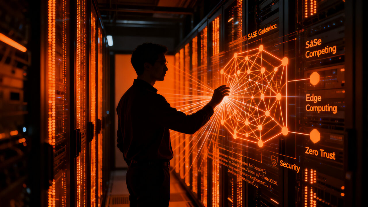 Ingeniero de ciberseguridad interactuando con una interfaz de red Zero Trust programable, representando la integración de Cloudflare SASE y Workers.