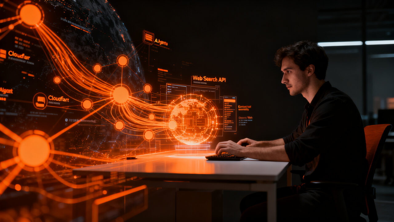 Desarrollador integrando búsqueda web en tiempo real en agentes de IA mediante Cloudflare AI Gateway.