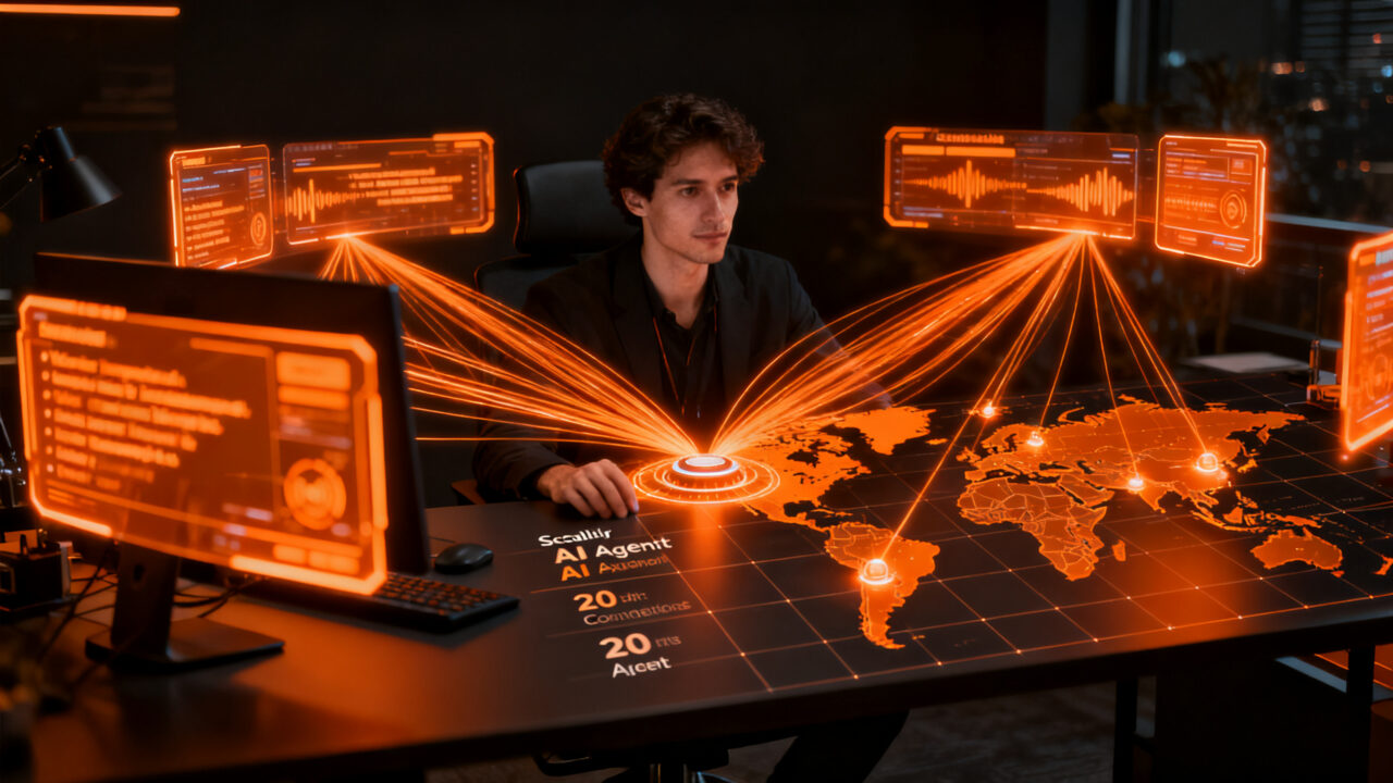 Agente de voz de IA automatizando la logística global en una oficina moderna, optimizando la eficiencia operativa.