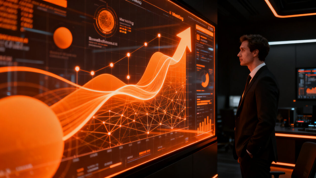 Un CMO analizando datos estratégicos y creatividad en un entorno empresarial moderno para destacar la importancia del liderazgo en marketing.