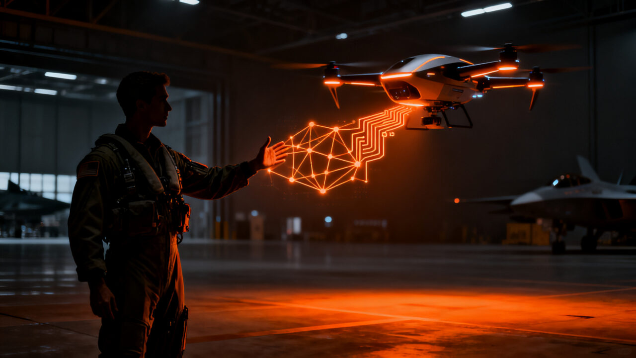 Piloto de combate interactuando con dron autónomo, simbolizando la colaboración hombre-máquina y tecnología de IA avanzada.