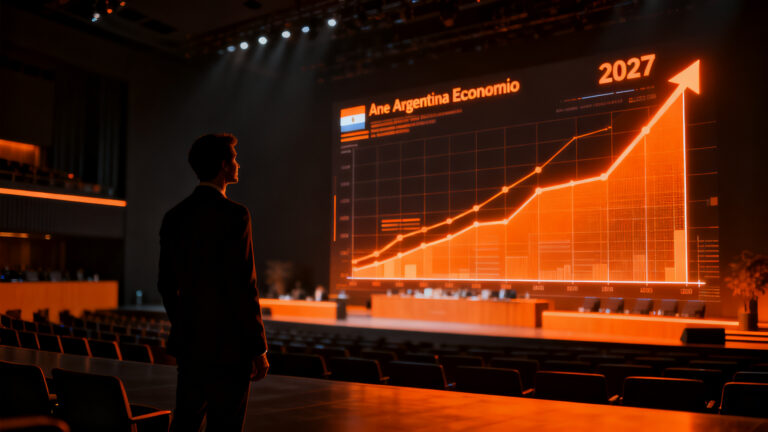 Ejecutivo analizando gráficos de la economía argentina en el Coloquio IDEA, proyectando tendencias hacia 2027.
