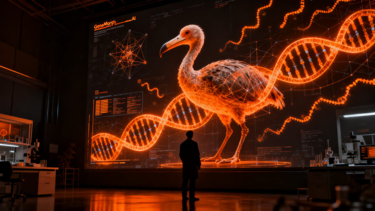 IA GenoMorph de Colossal Biosciences liderando la desextinción del dodo mediante edición genética avanzada.