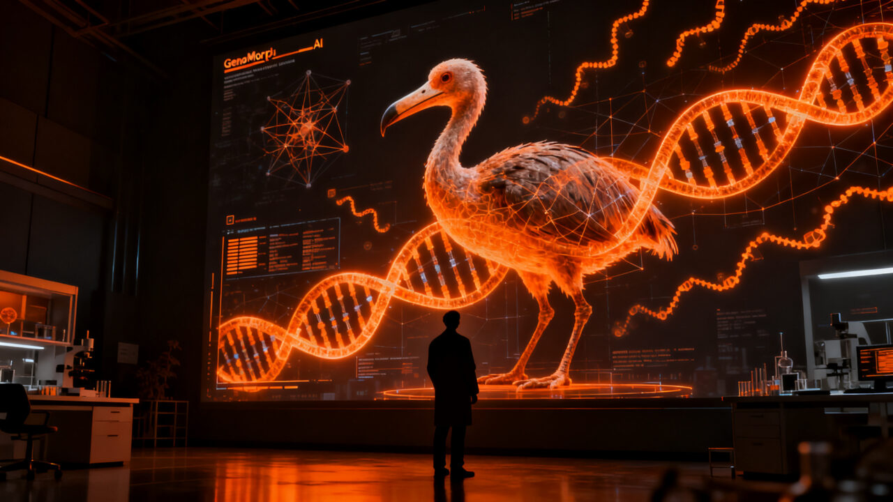 IA GenoMorph de Colossal Biosciences liderando la desextinción del dodo mediante edición genética avanzada.