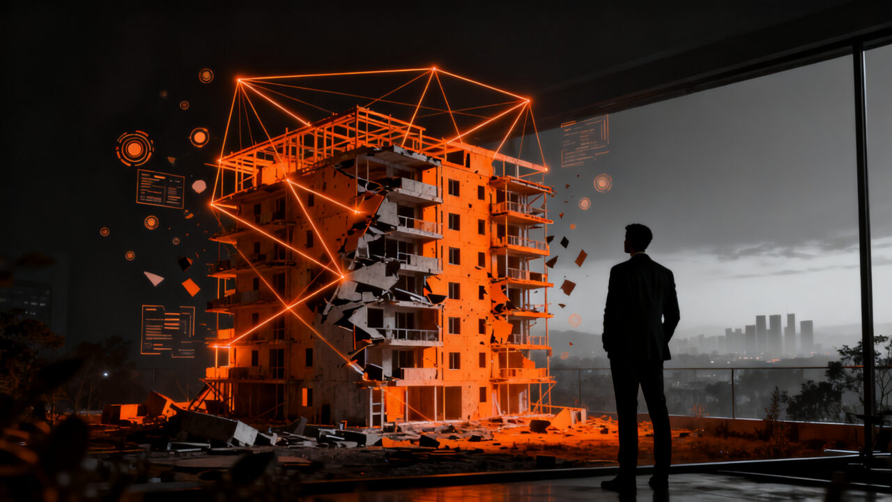 Representación visual de la crisis en el mercado inmobiliario colombiano, con un comprador frente a una estructura de vivienda incompleta, simbolizando el desistimiento por altas tasas de interés.