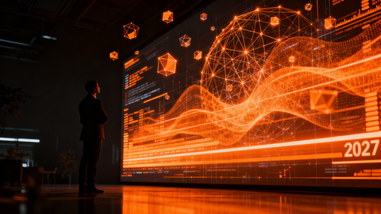 Consumidor analizando opciones de compra asistido por inteligencia artificial, representando tendencias de mercado 2027.