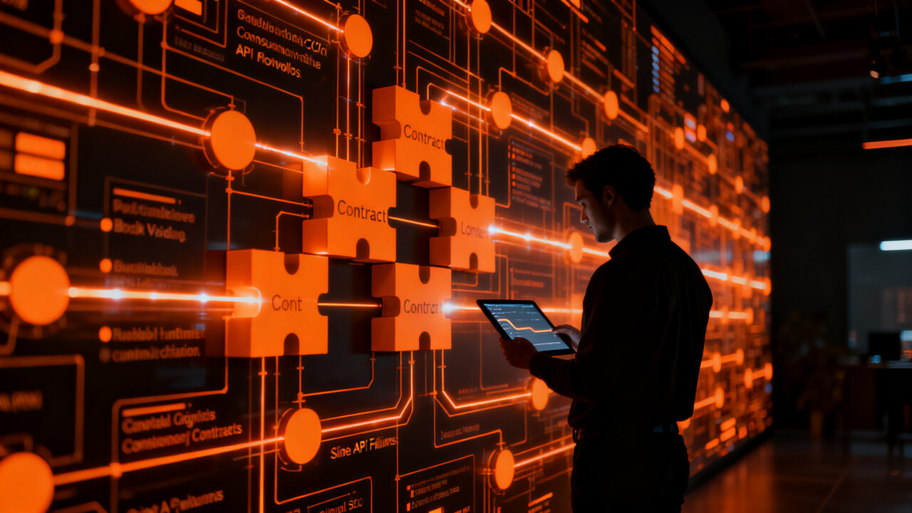 Ingeniero de software revisando flujos de datos automatizados para prevenir fallos en APIs mediante contract testing.