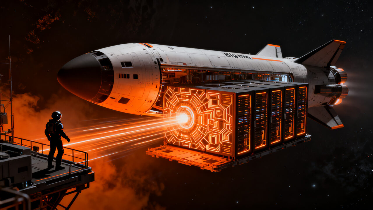 Cohete espacial Big Iron de Cowboy Space transformándose en un datacenter orbital en el espacio.