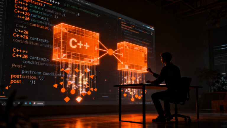 Ingeniero de software programando C++26 con contratos de precondiciones y postcondiciones en un entorno digital avanzado.