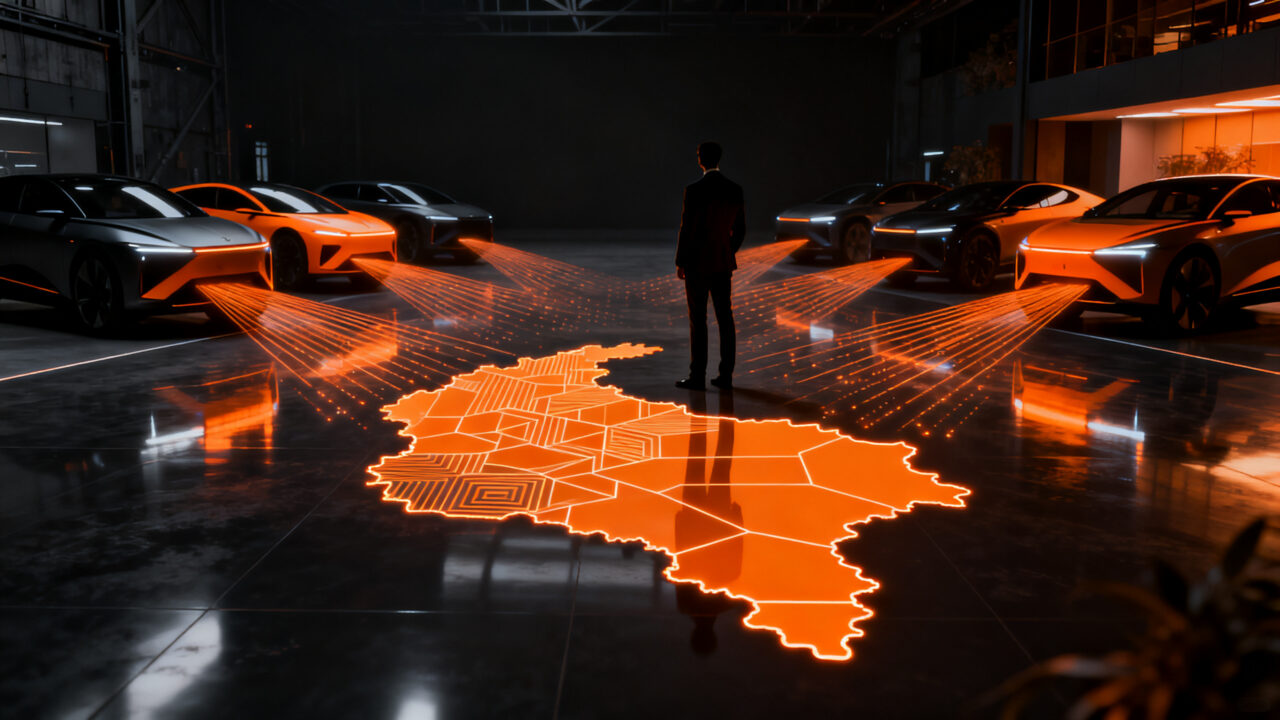 Gráfico conceptual de vehículos chinos dominando el mercado automotor en Colombia, representando el crecimiento de las importaciones y la tendencia del sector.