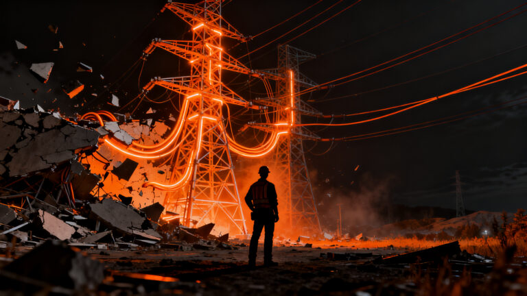 Crisis energética en Colombia: representación visual de la infraestructura eléctrica y el impacto económico tras el terremoto.