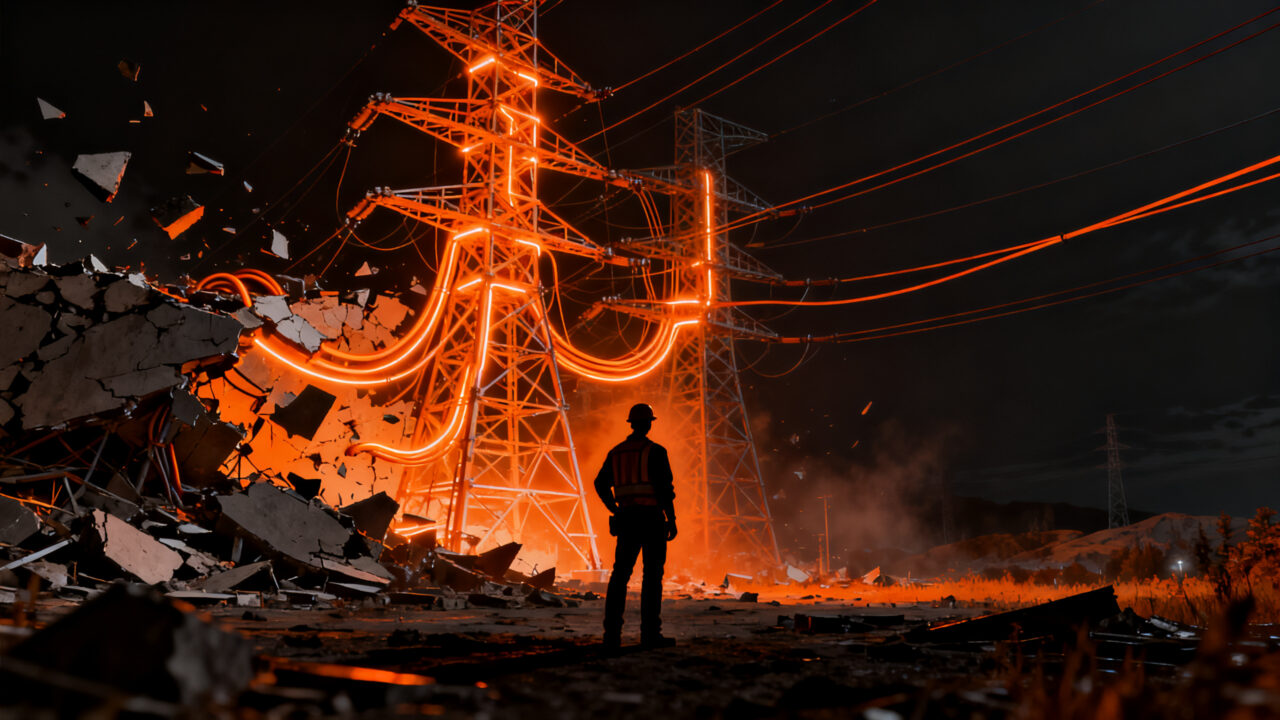 Crisis energética en Colombia: representación visual de la infraestructura eléctrica y el impacto económico tras el terremoto.