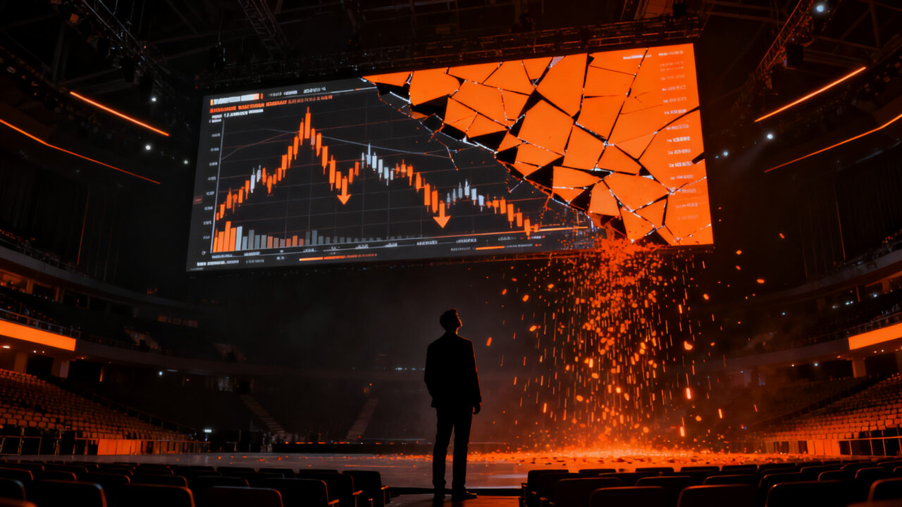 Crisis financiera en el sector de festivales: silueta de empresario analizando datos de pérdidas en la industria de la música en vivo.