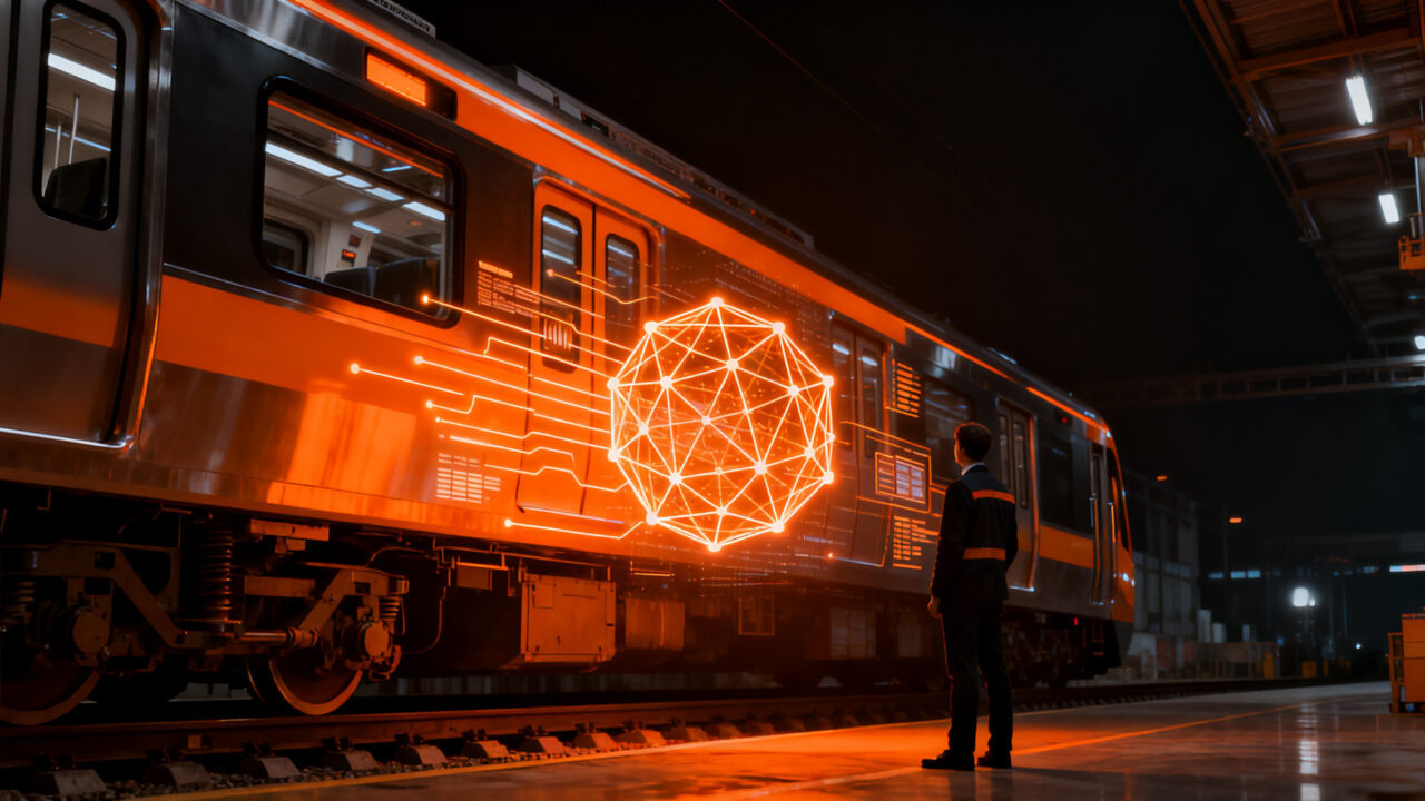 Metro con IA corporizada VELLINK de CRRC, simbolizando la automatización ferroviaria y la eficiencia energética en el sector industrial.