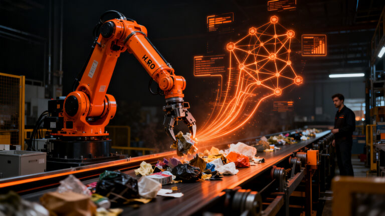 Robot industrial con IA de Danu Robotics optimizando el proceso de reciclaje en una planta automatizada de alta tecnología.