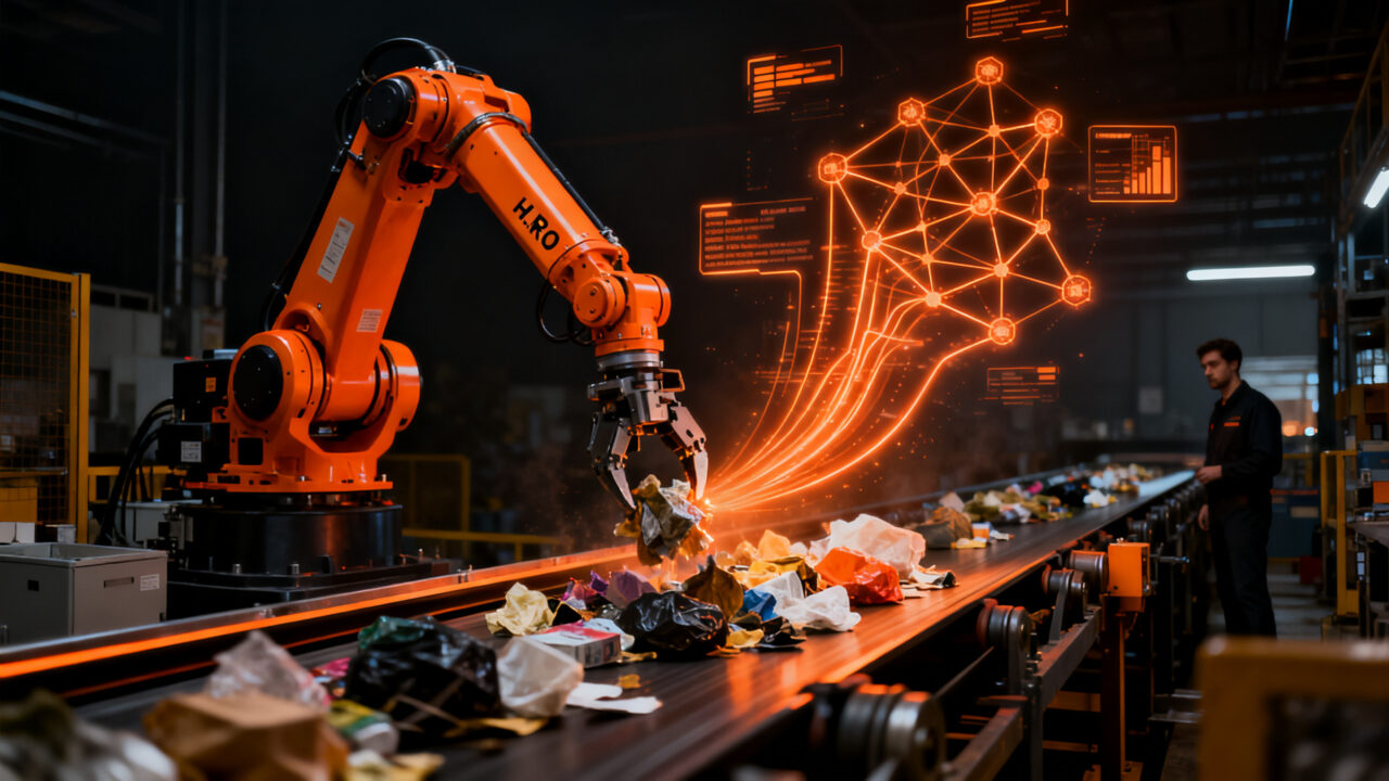 Robot industrial con IA de Danu Robotics optimizando el proceso de reciclaje en una planta automatizada de alta tecnología.