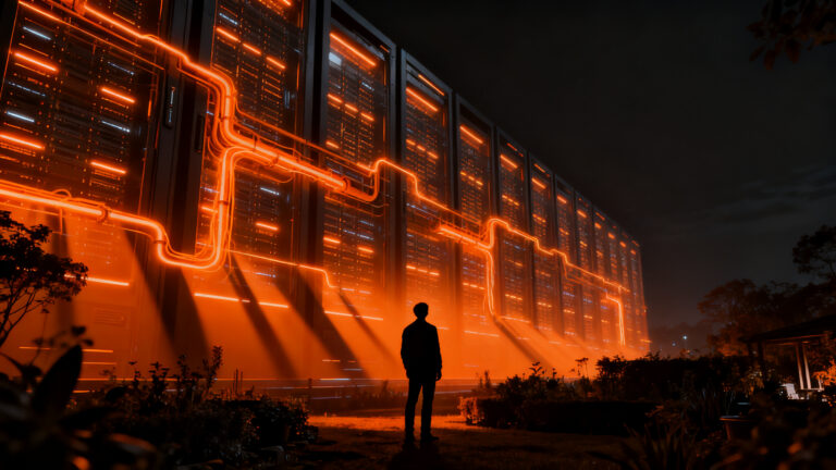 Impacto energético de los data centers: visualización de una gran infraestructura tecnológica frente a una zona residencial en Ballainvilliers.