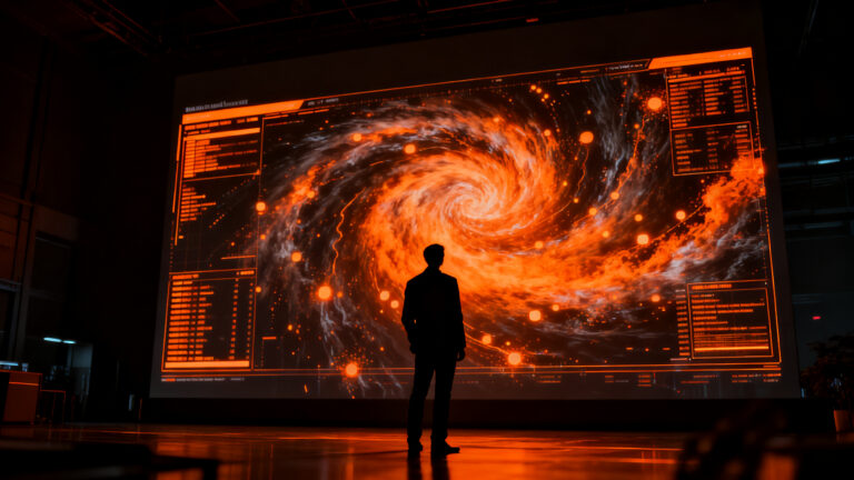 Representación visual de IA analizando patrones meteorológicos complejos para predecir la trayectoria de un huracán, simbolizando innovación tecnológica.