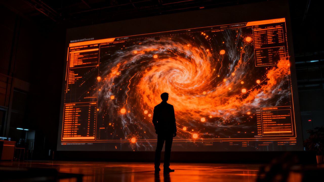 Representación visual de IA analizando patrones meteorológicos complejos para predecir la trayectoria de un huracán, simbolizando innovación tecnológica.