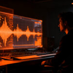 Un productor musical analizando ondas sonoras digitales con un filtro de IA, representando el futuro del streaming y la música generada por inteligencia artificial en Deezer.