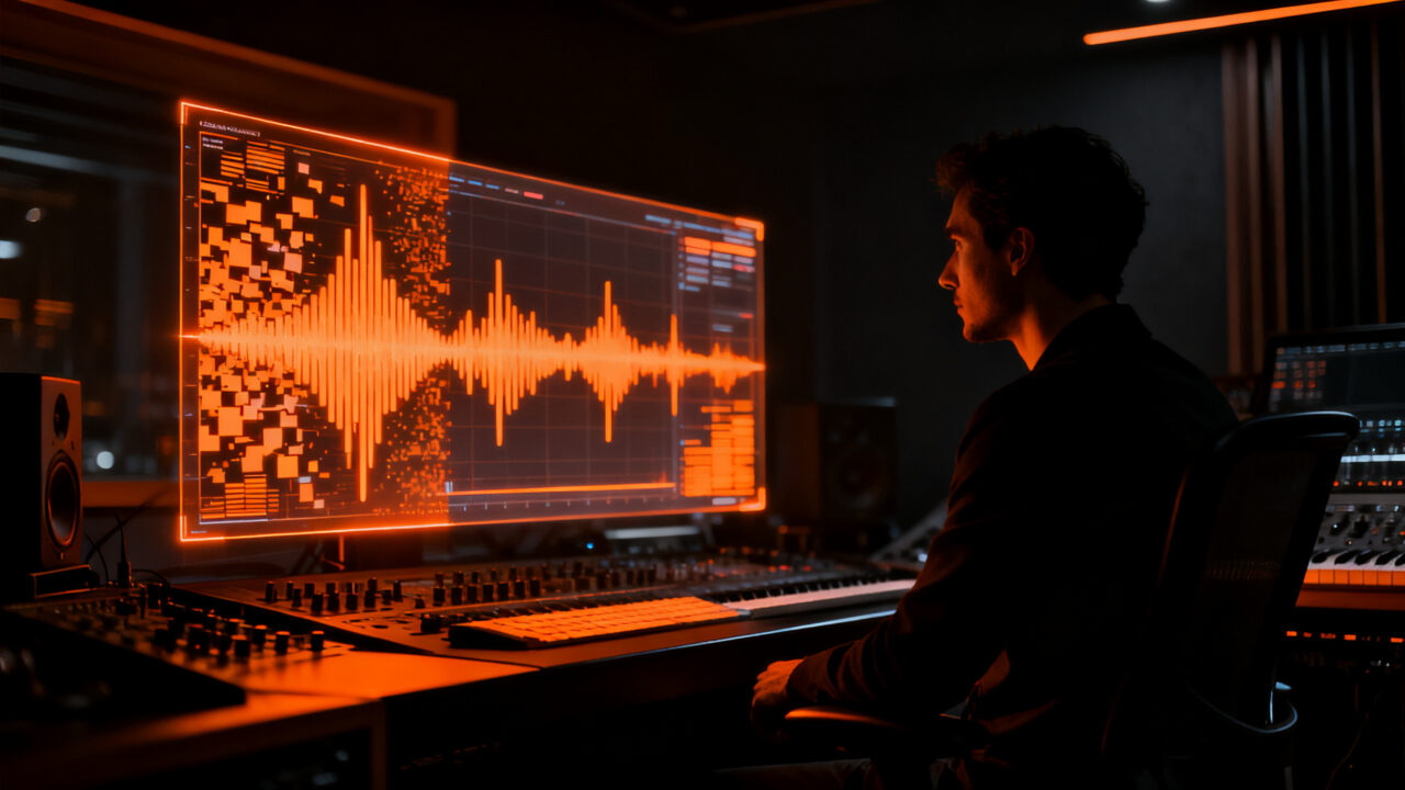 Un productor musical analizando ondas sonoras digitales con un filtro de IA, representando el futuro del streaming y la música generada por inteligencia artificial en Deezer.