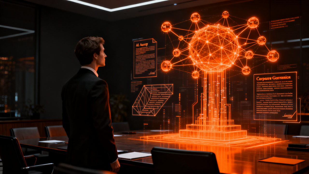 Representación visual de agentes de inteligencia artificial tomando decisiones corporativas en un entorno de gobernanza legal y tecnológica.