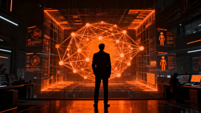 Estratega tecnológico supervisando una red compleja de agentes de IA y grafos de conocimiento en una plataforma de datos de Dell.