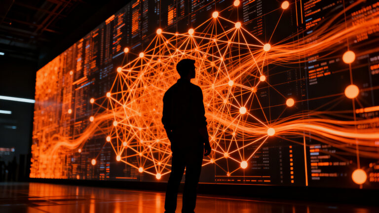 Profesional analizando una red neuronal compleja y grafos de conocimiento, representando la integración de Dell y NVIDIA en infraestructura de IA.