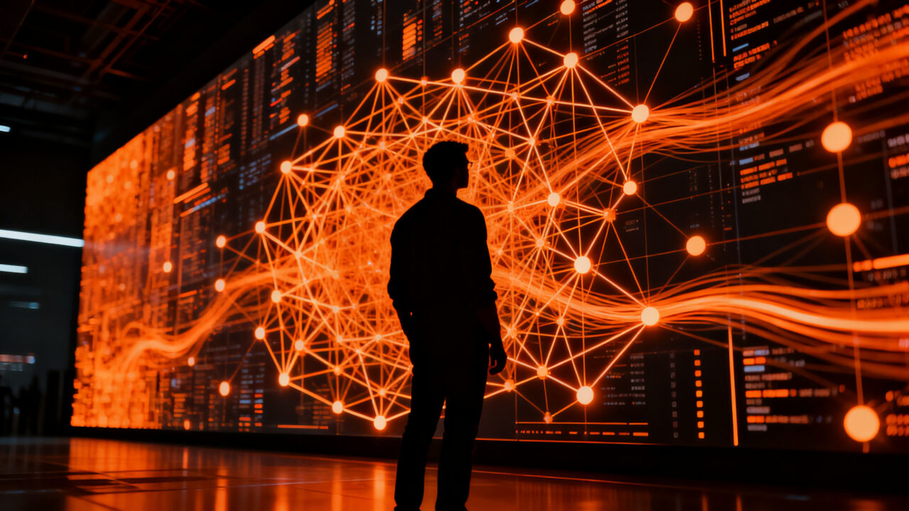Profesional analizando una red neuronal compleja y grafos de conocimiento, representando la integración de Dell y NVIDIA en infraestructura de IA.