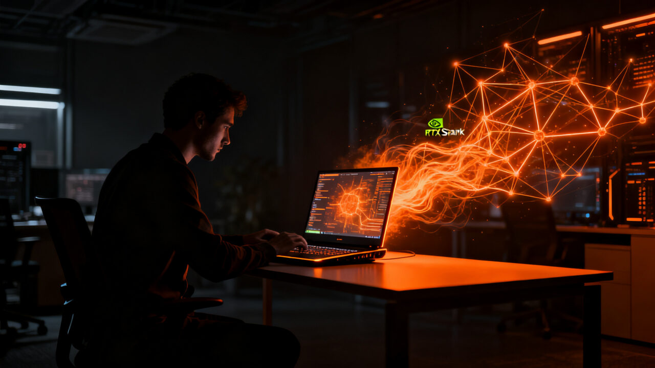 Profesional trabajando en un Dell XPS 16 con IA agéntica y tecnología NVIDIA RTX Spark, representando la computación local para startups.