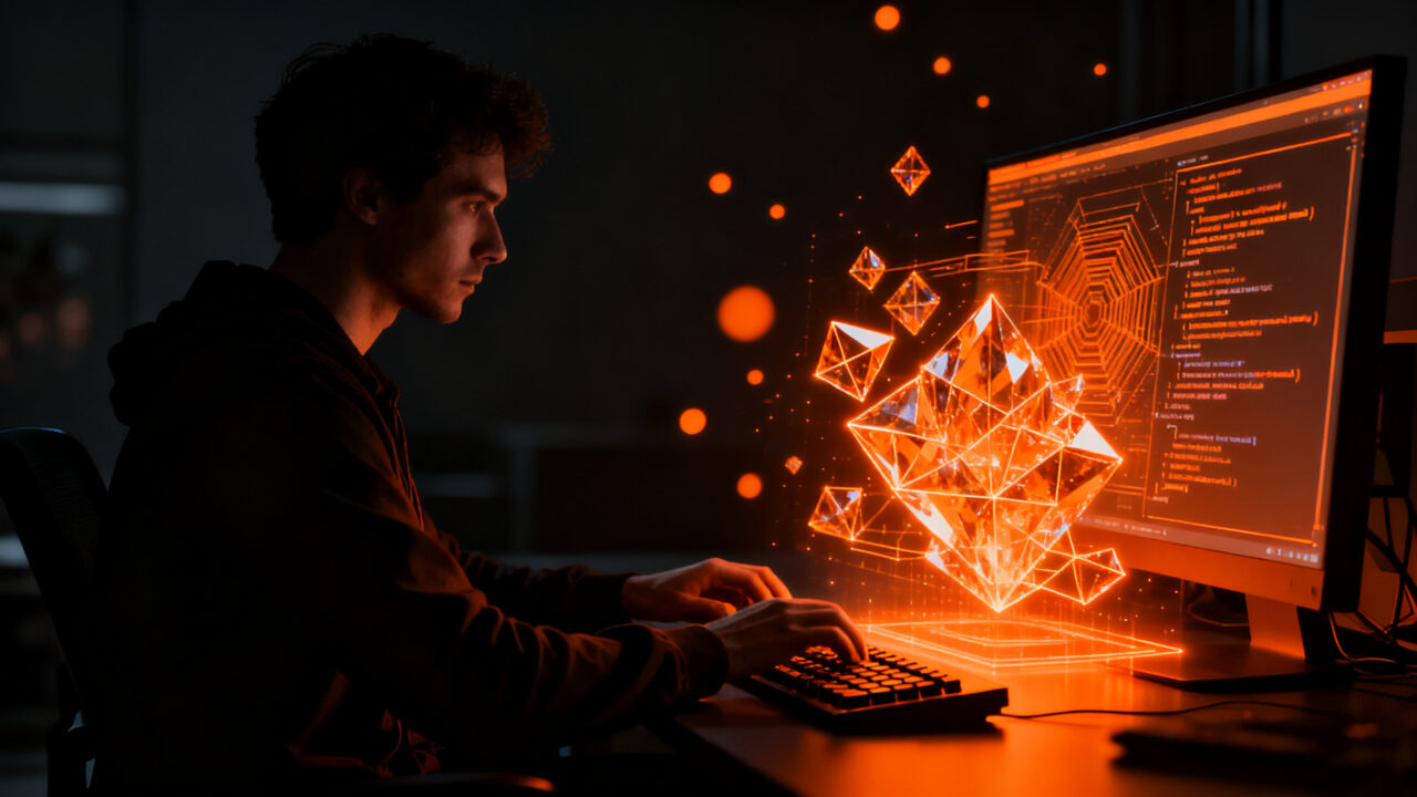 Desarrollador programando código de demoscene asistido por inteligencia artificial con estética de alto impacto.