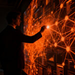 Directivo analizando un complejo gráfico de IA agéntica, representando el desafío de llevar proyectos de inteligencia artificial a producción según MIT Technology Review.