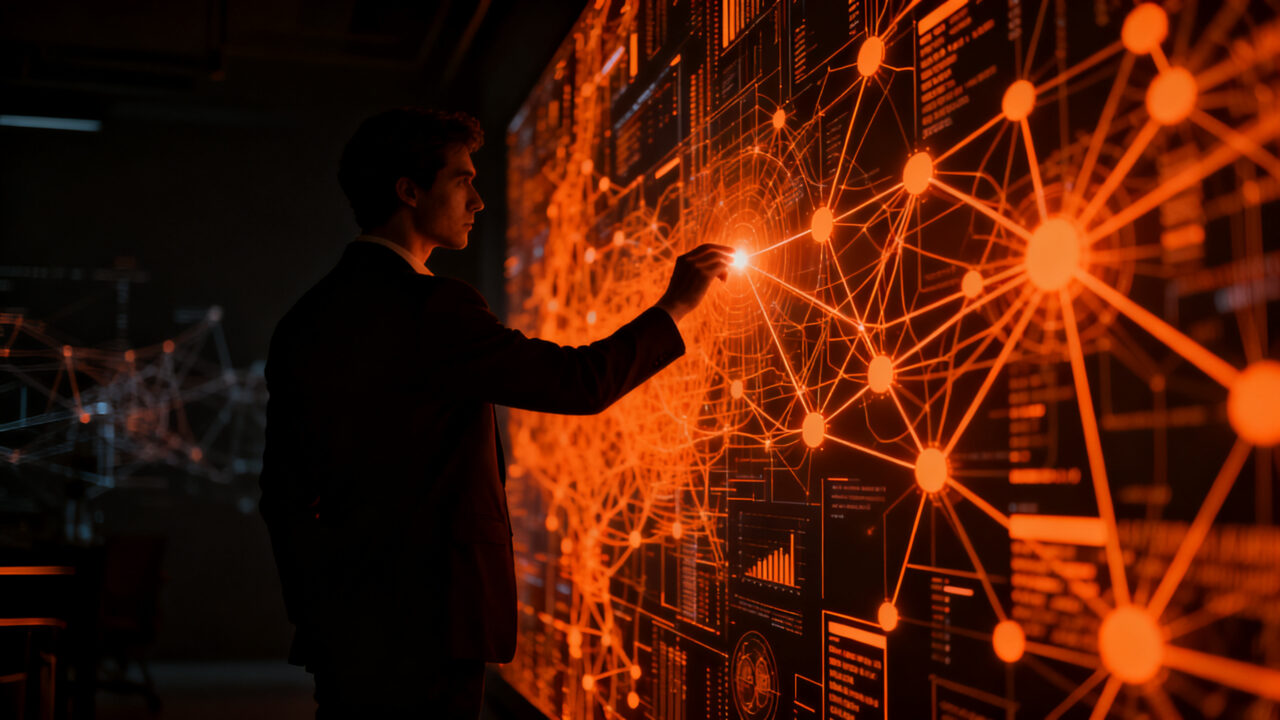 Directivo analizando un complejo gráfico de IA agéntica, representando el desafío de llevar proyectos de inteligencia artificial a producción según MIT Technology Review.