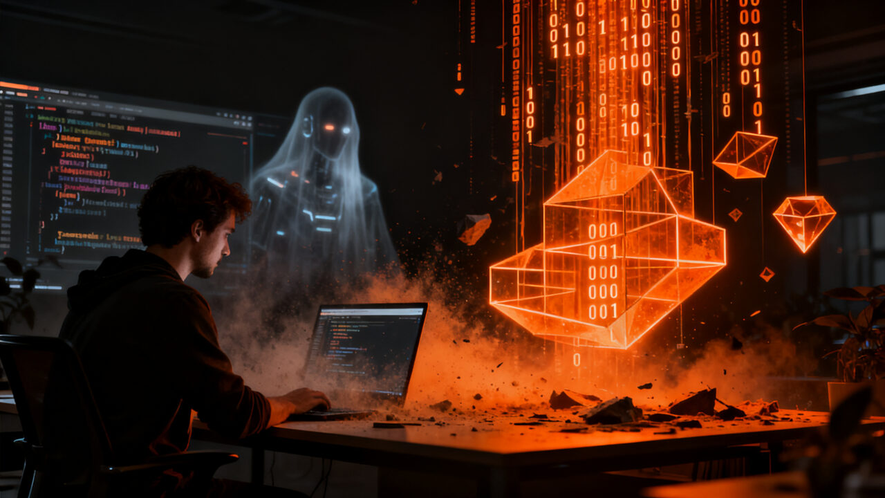Desarrollador de software observando el declive del mantenimiento humano en el ecosistema open source frente a la IA.