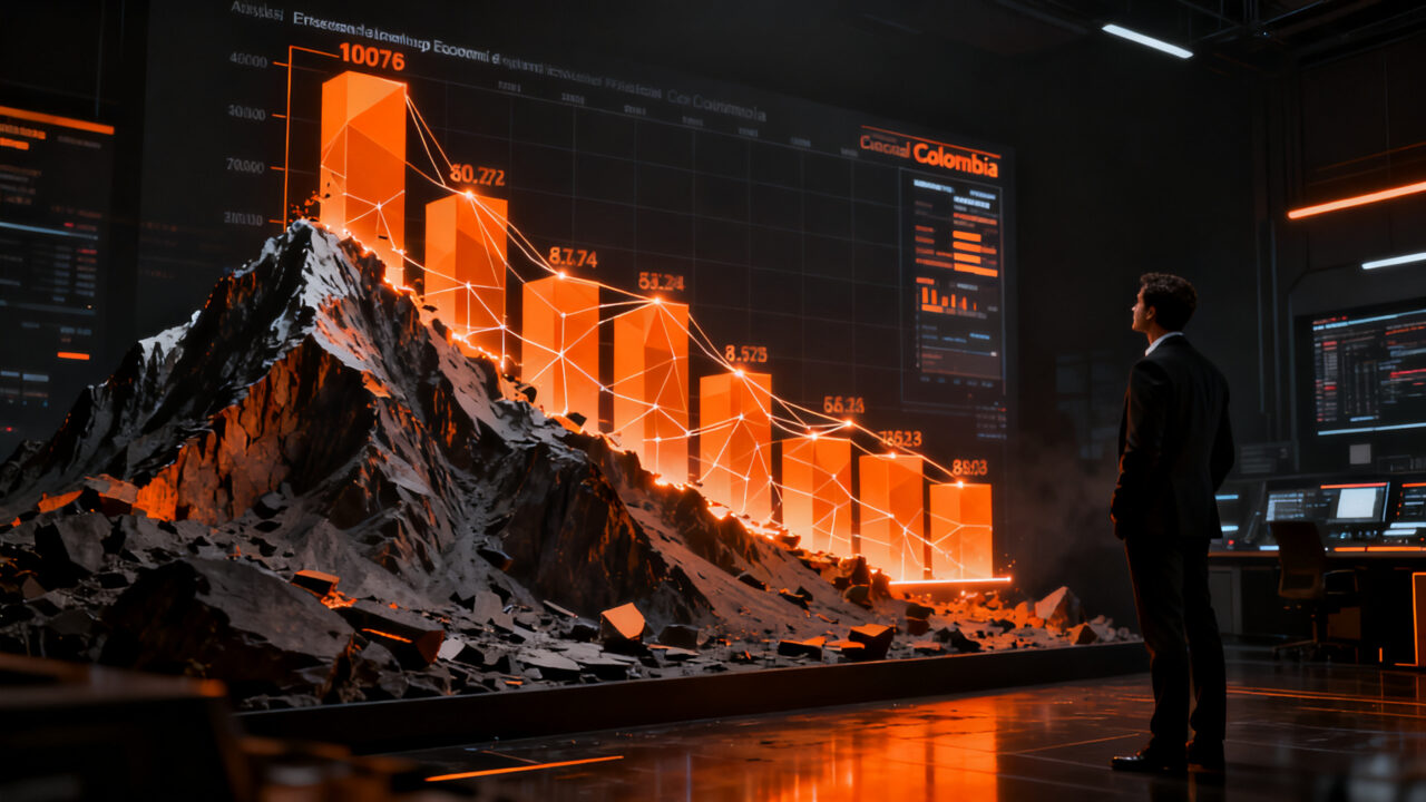 Representación visual del riesgo fiscal y la deuda de Colombia ante el FMI, con un analista observando gráficos financieros en un entorno de crisis económica.